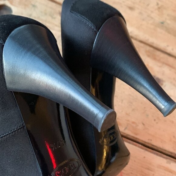 Tods Womens Classic Pump Heel Black Suede Embellished Slip On High Peep … - Picture 6 of 10